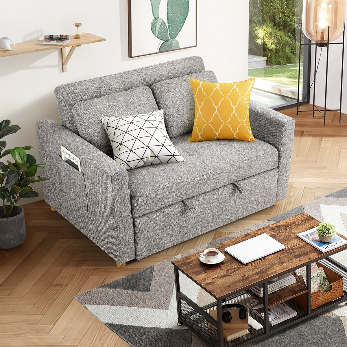 Gray Linen Convertible Sleeper Sofa Bed J481364