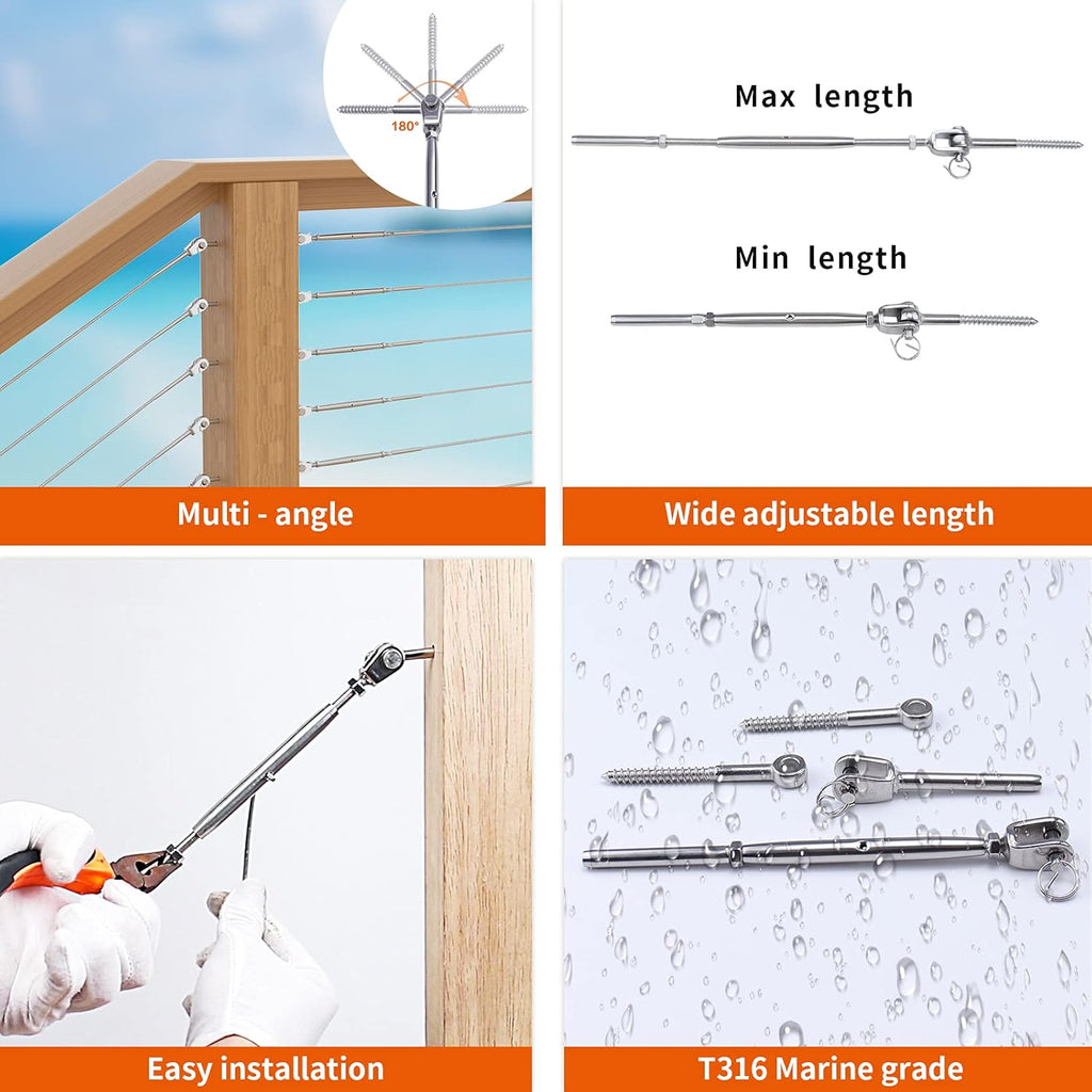 20 Set Cable Railing Kit 1/8 T316 Stainless Steel Turnbuckle Hardware Y127898