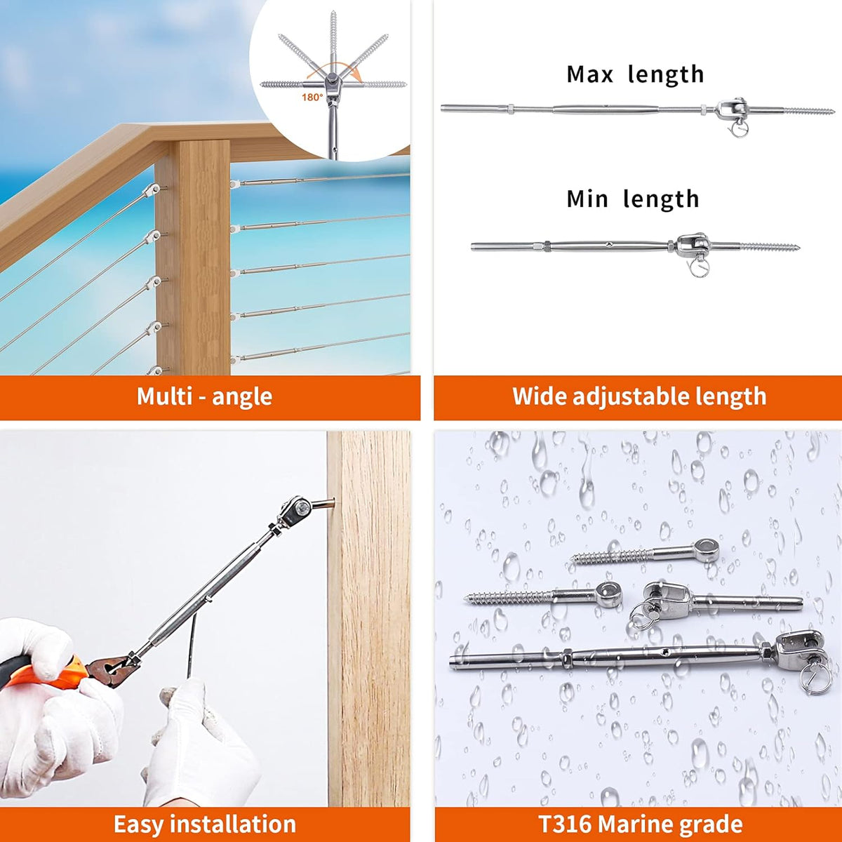 20 Set Cable Railing Kit 1/8 T316 Stainless Steel Turnbuckle Hardware Y127898