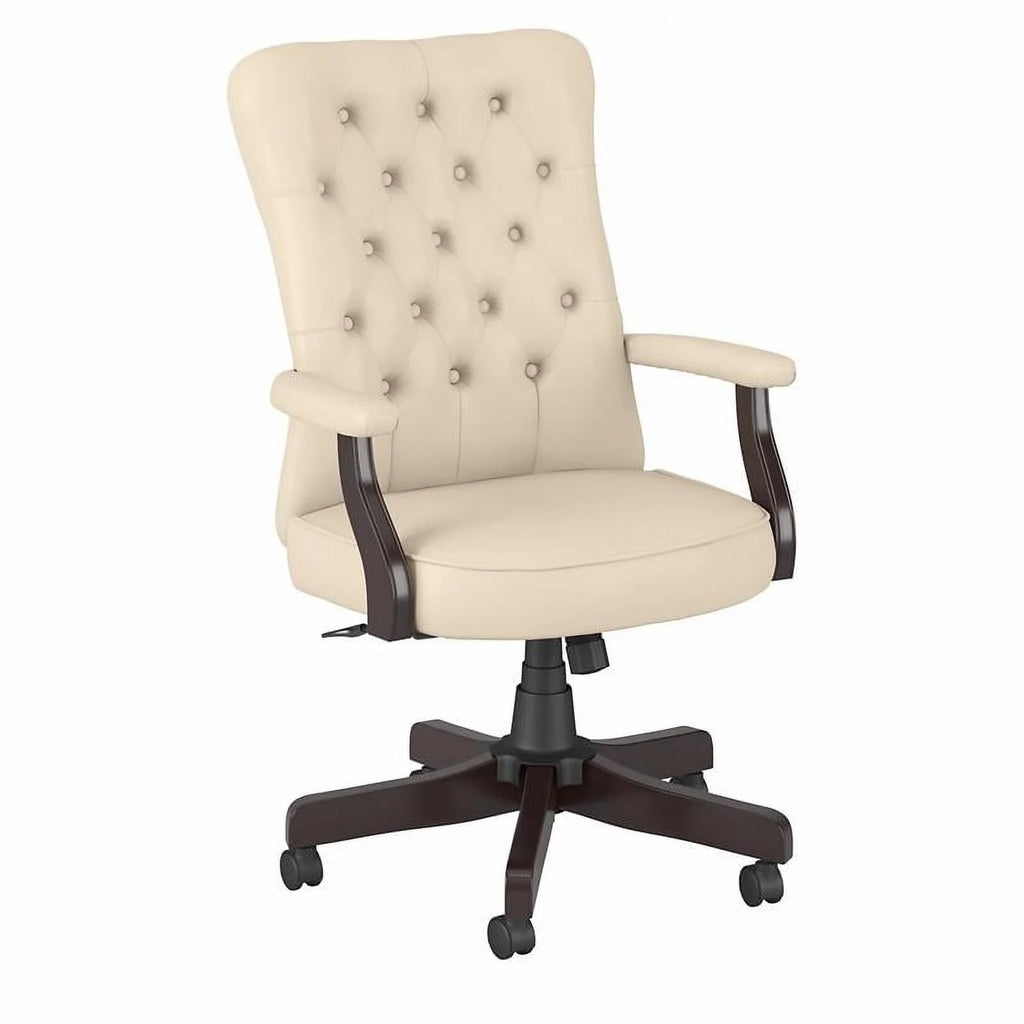 Antique White Leather Tufted Office Chair with Arms B77385