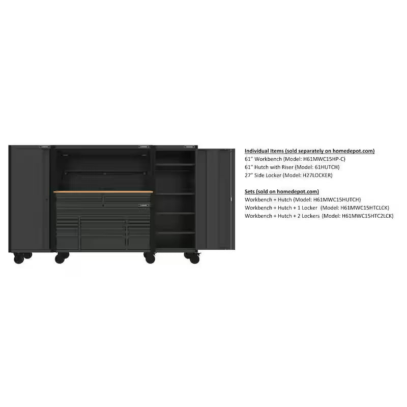 Heavy Duty 15-Drawer Mobile Workbench Tool Chest with Solid Wood Top in Matte Black C2405