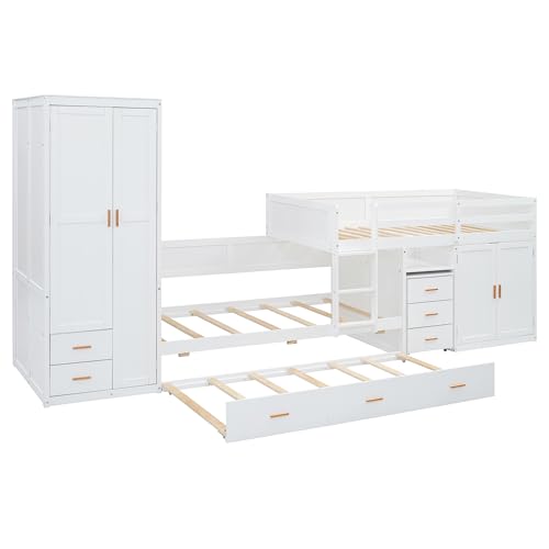 White Twin Over Twin Wood Bunk Bed with Trundle Q2516