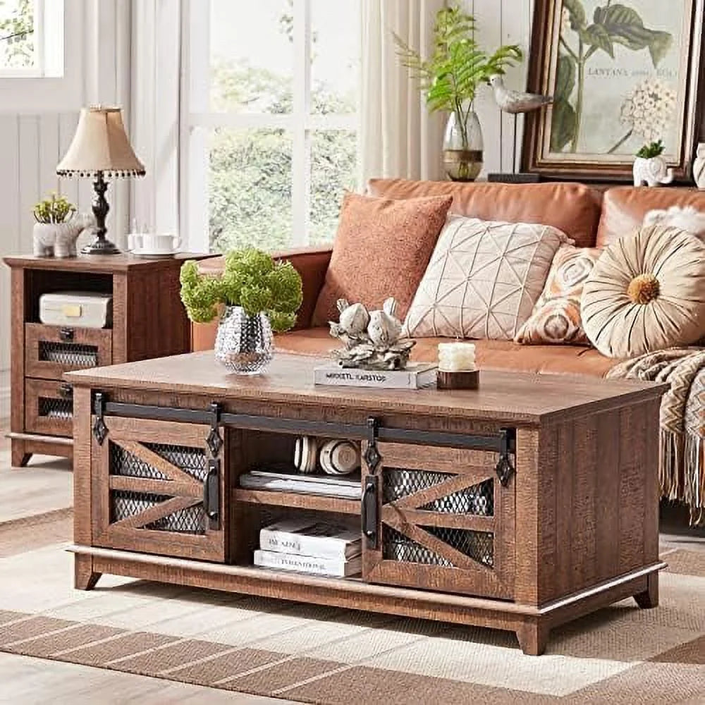 48'' Coffee Table with Electric Fireplace & Sliding Barn Doors S14785