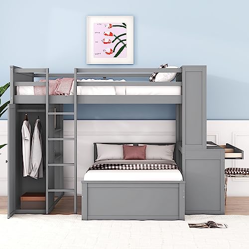 Twin Size Loft Bed with Built-in Desk & Wardrobes, Wood Bedframe with 4 Drawers & 4 Shelves, Gray A47920
