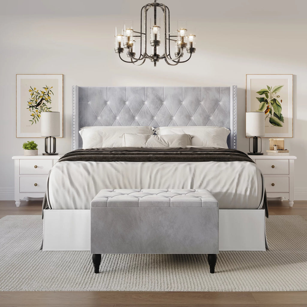 Black Velvet Upholstered Storage Bench Bed A46761