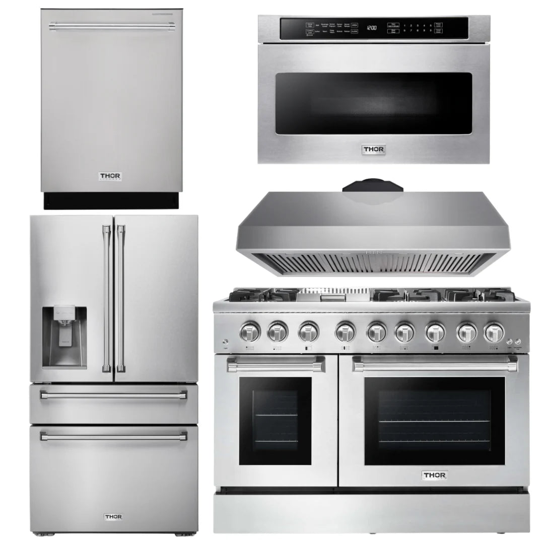 48 Propane Dual Fuel Range, Range Hood, Refrigerator, Dishwasher, Microwave C755