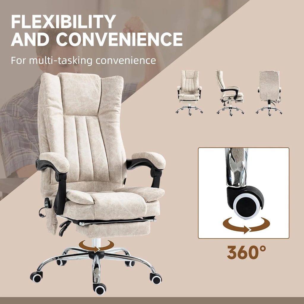 Cream White Microfiber High Back Office Chair with Massage and Footrest M298835