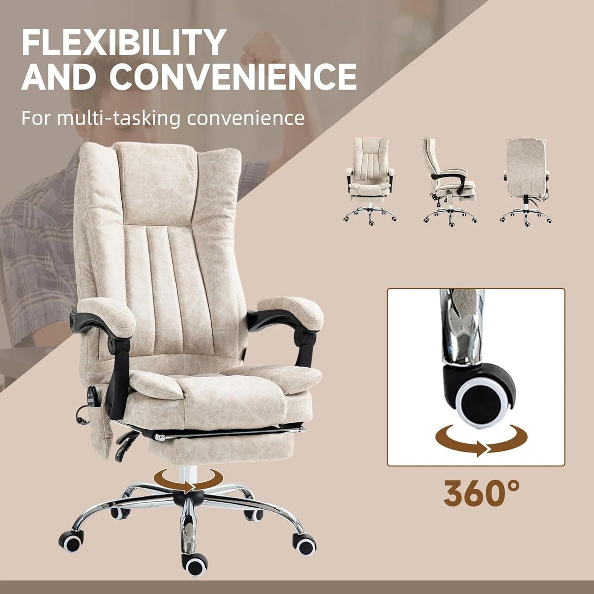 Cream White Microfiber High Back Office Chair with Massage and Footrest M298835