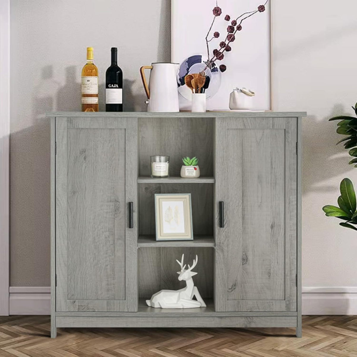 Rustic Oak Wooden Storage Cabinet with 2 Doors and 2 Open Shelves Q4252