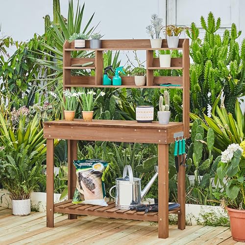 Brown Potting Bench Table with Storage Shelf F742718