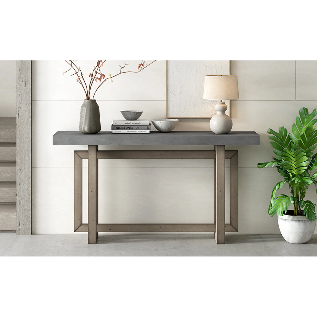 Contemporary Concrete Wood Top Console Table H8541