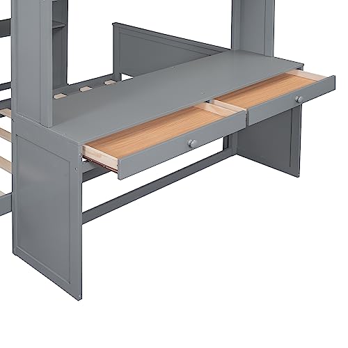 Twin Size Loft Bed with Built-in Desk & Wardrobes, Wood Bedframe with 4 Drawers & 4 Shelves, Gray A47920