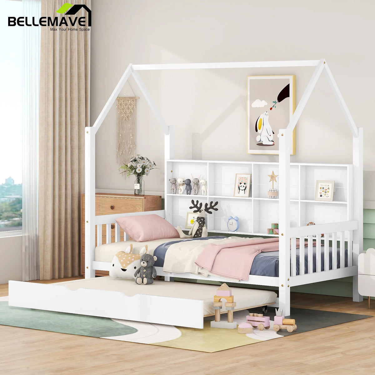 Twin Size Solid Wood House Bed with Trundle and Storage Shelves O31830