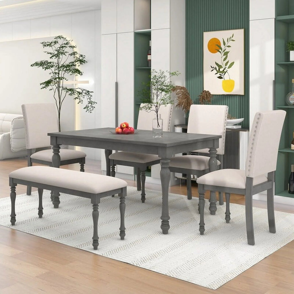 6 Piece Dining Table Set with Wooden Table 4 Upholstered Chairs and Bench U1716