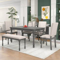 6 Piece Dining Table Set with Wooden Table 4 Upholstered Chairs and Bench U1716