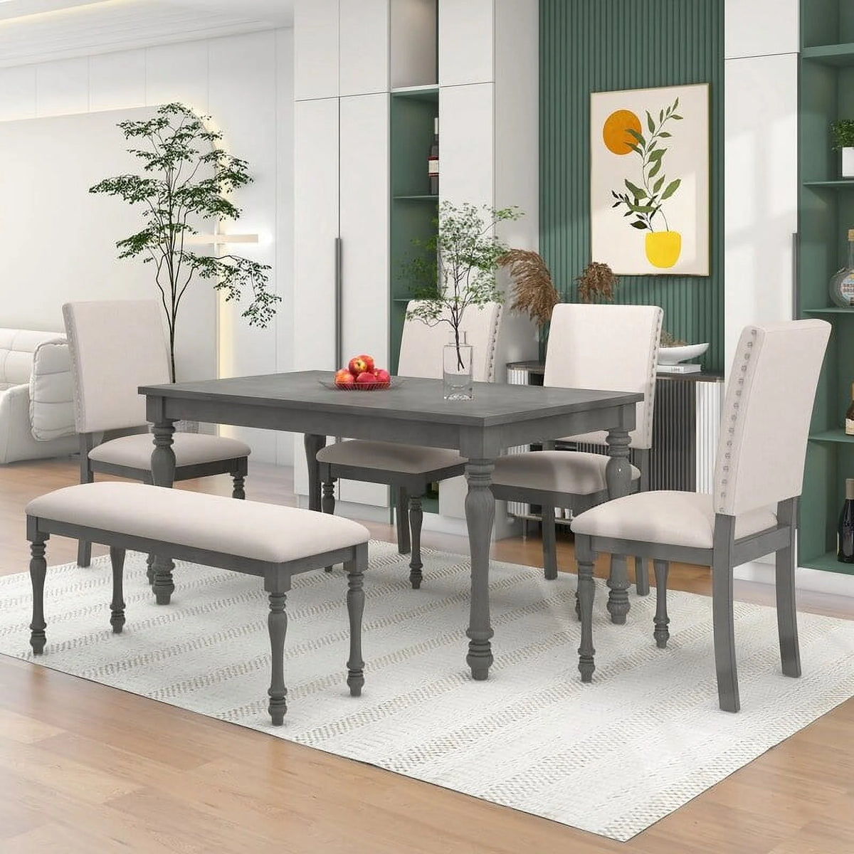 6 Piece Dining Table Set with Wooden Table 4 Upholstered Chairs and Bench U1716