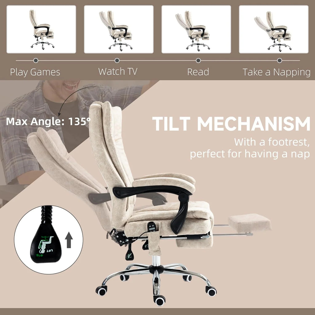 Cream White Microfiber High Back Office Chair with Massage and Footrest M298835