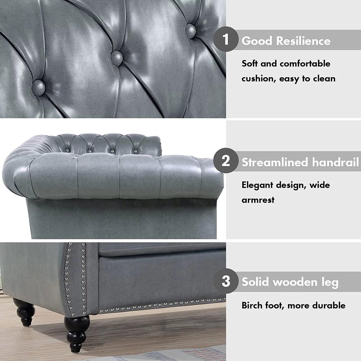 84" Gray Leather Chesterfield 3-Seater Sofa G554903