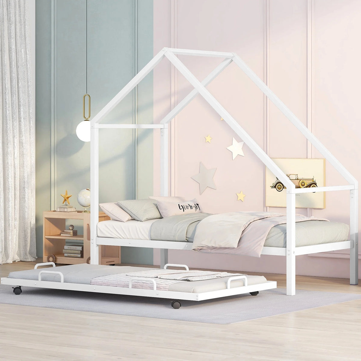 White Twin Size Metal House Platform Bed with Trundle G720