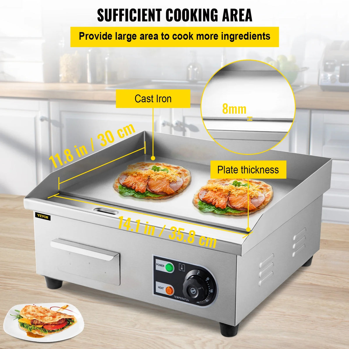 14" Electric Countertop Flat Top Griddle 1500W Non-Stick Stainless Steel S11594