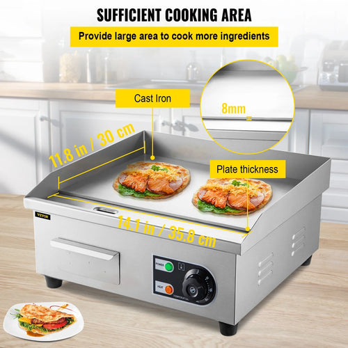 14" Electric Countertop Flat Top Griddle 1500W Non-Stick Stainless Steel S11594