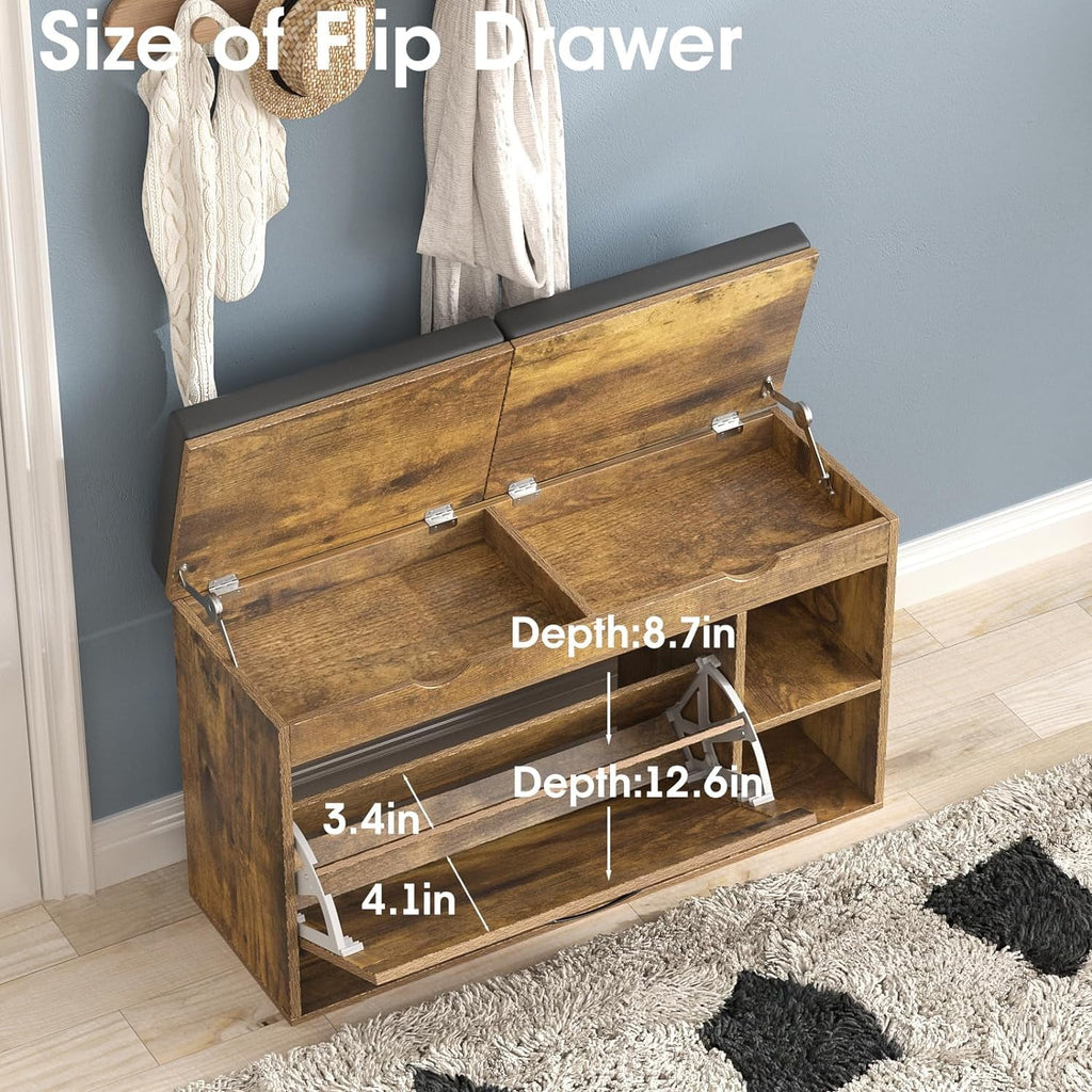 Rustic Brown Shoe Storage Bench with Flip Drawer O915640