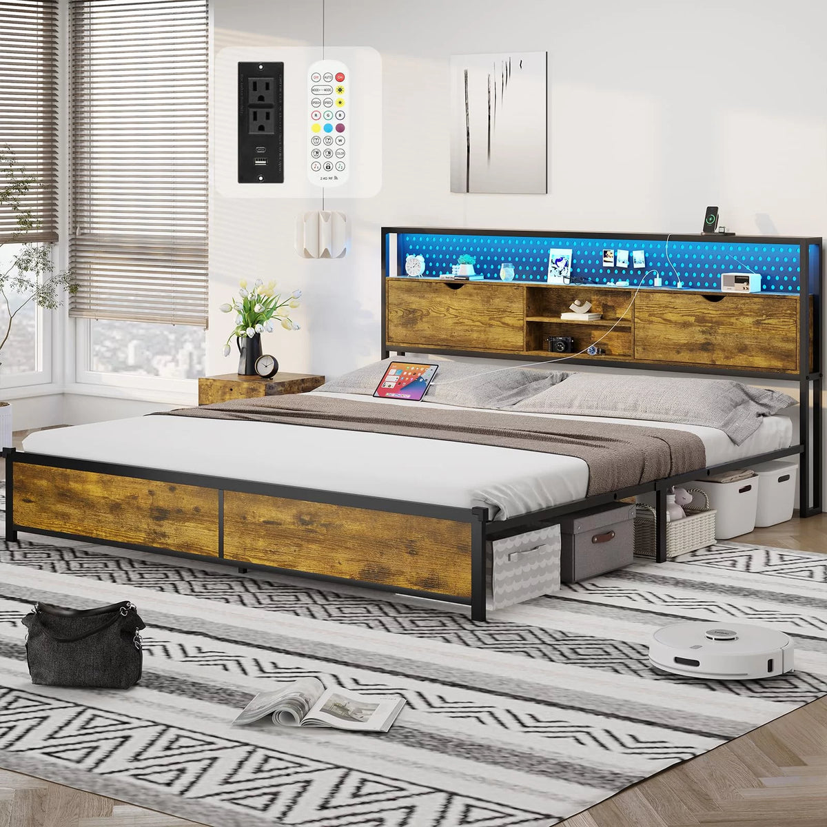 King LED Bed Frame with Storage Headboard and Charging Station R469784