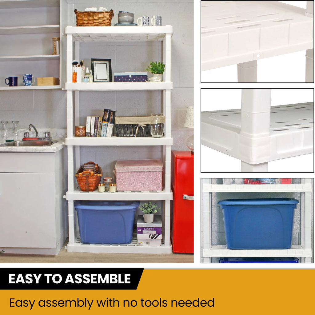 5 Shelf Plastic Garage Shelves, Pack of 4, White 750 lbs Capacity D409300