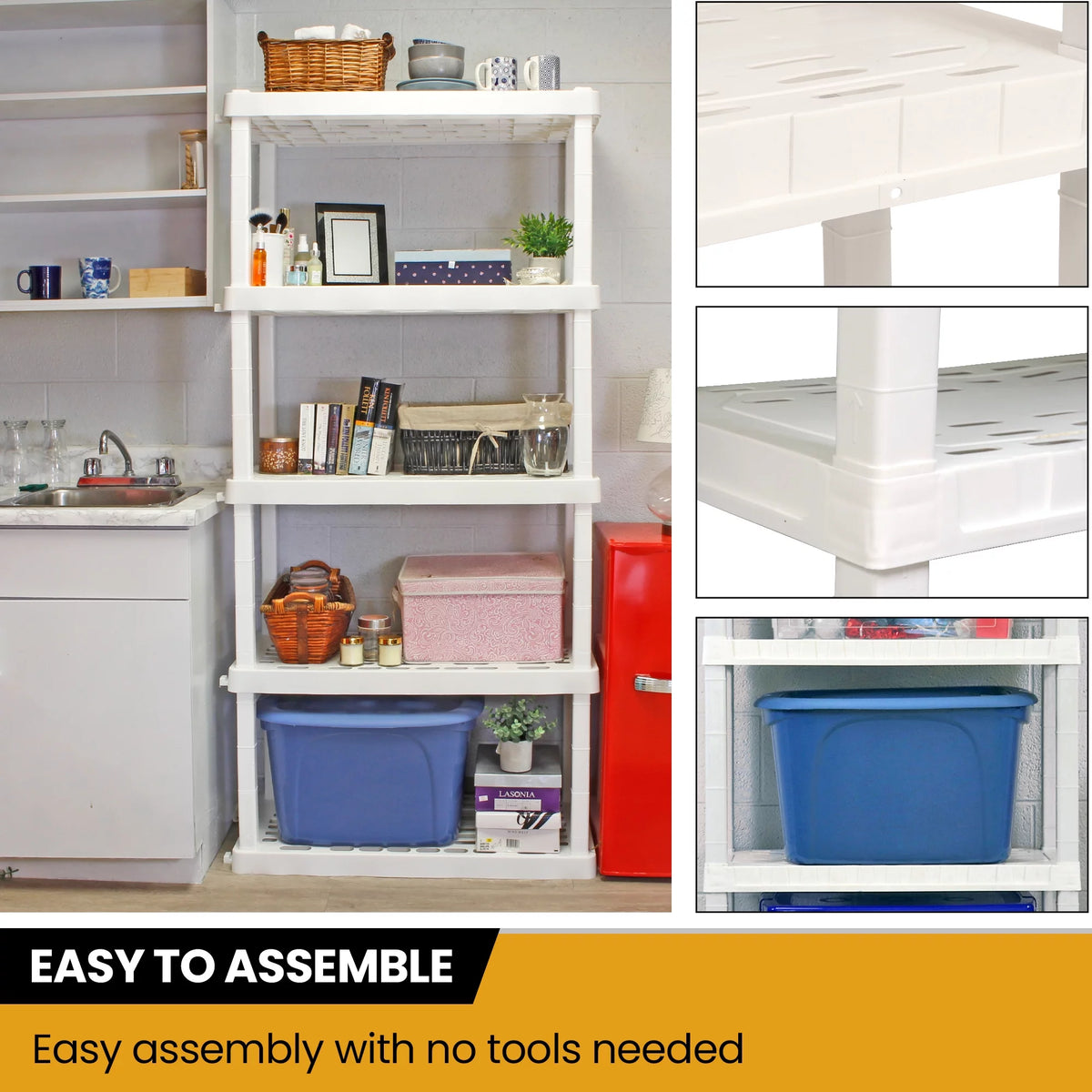 5 Shelf Plastic Garage Shelves, Pack of 4, White 750 lbs Capacity D409300