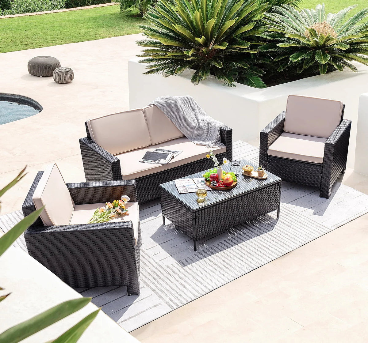 4-Piece Wicker Conversation Set with Cushions E284951