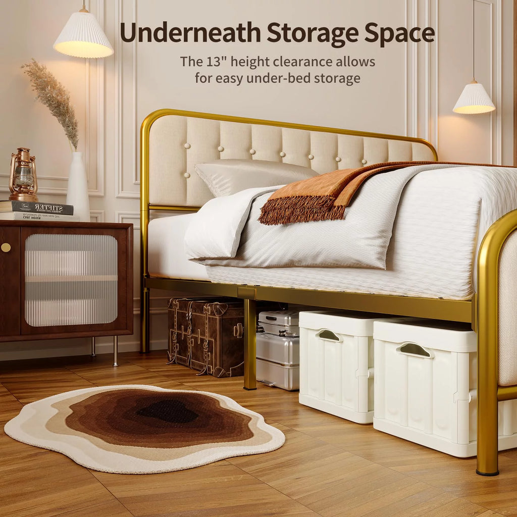 Beige Full Size Bed Frame with Headboard M6958