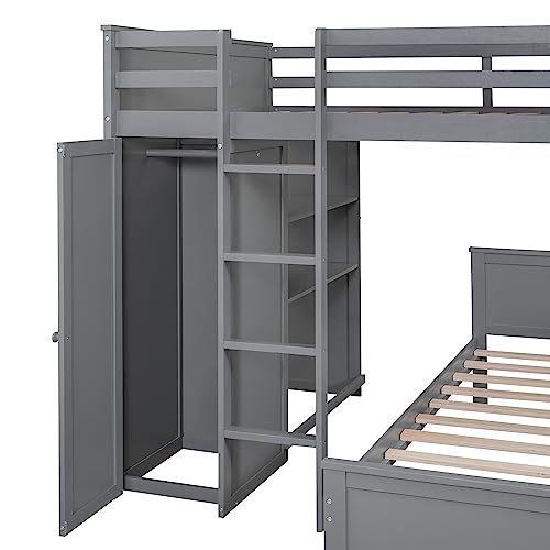Twin Size Loft Bed with Built-in Desk & Wardrobes, Wood Bedframe with 4 Drawers & 4 Shelves, Gray A47920