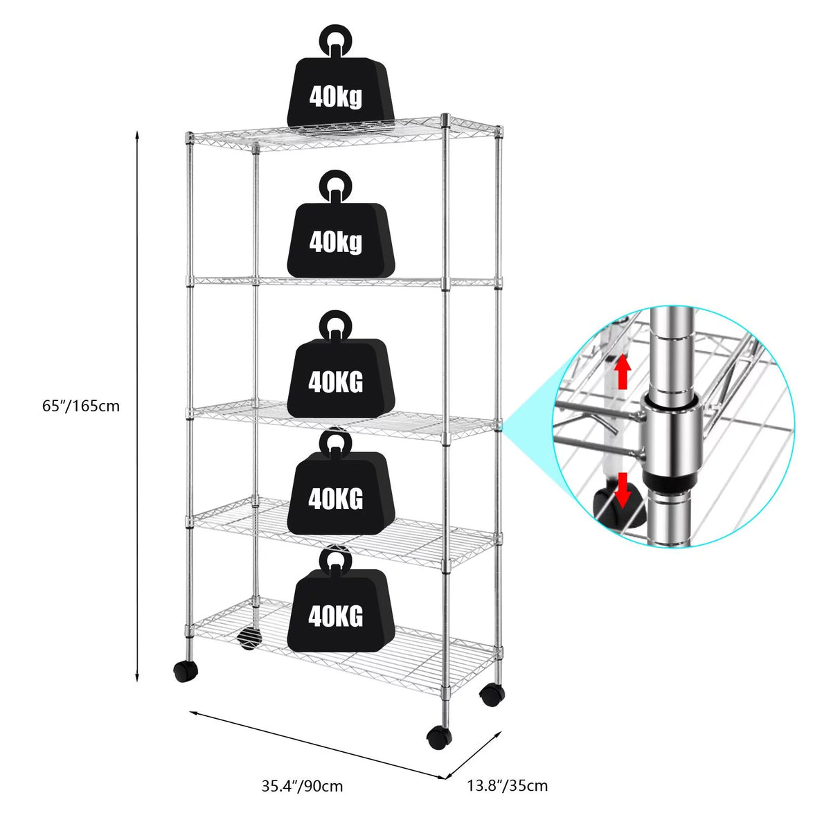 5 Tier Adjustable Rolling Metal Storage Rack O45305