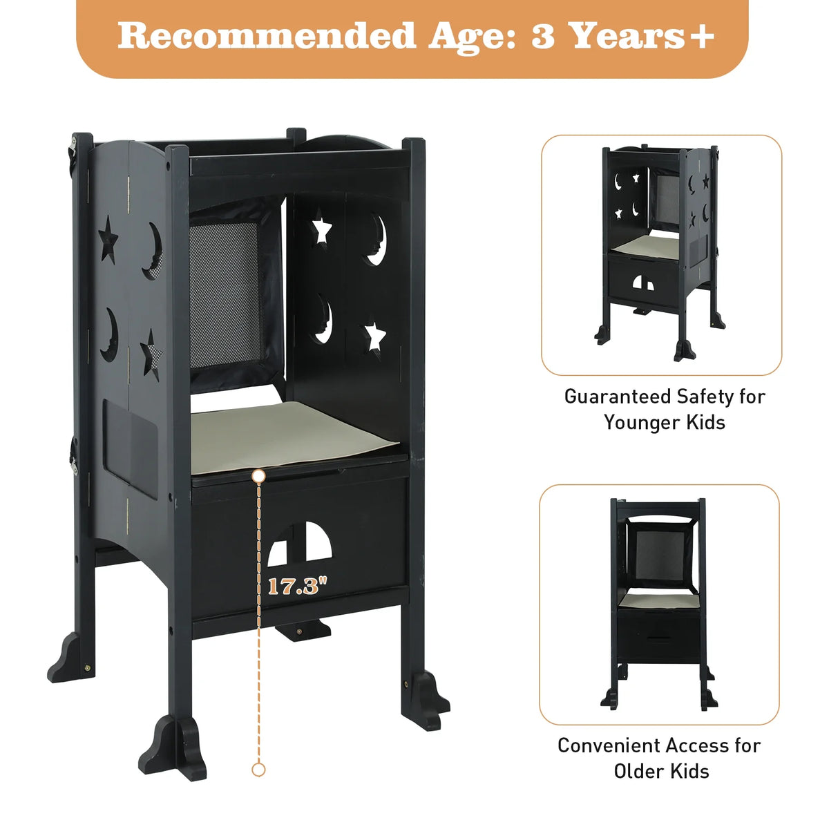 Wooden Folding Toddler Kitchen Step Stool, Black P92155