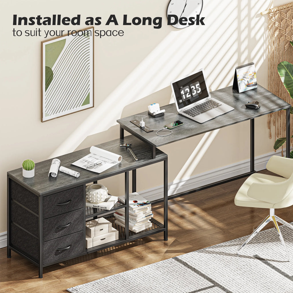 L Shaped Desk with Power Outlets, Fabric Drawer & Storage Shelves, Gray S124300