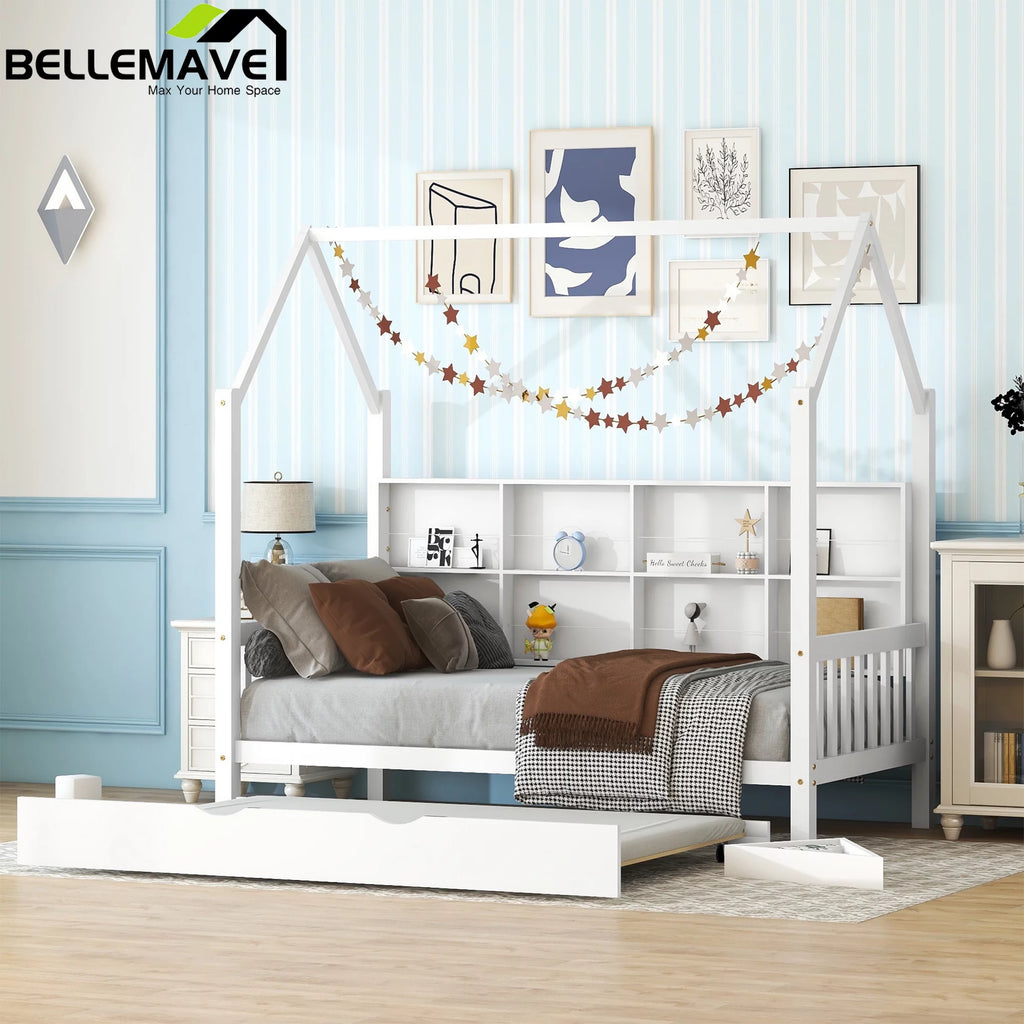 Twin Size Solid Wood House Bed with Trundle and Storage Shelves O31830