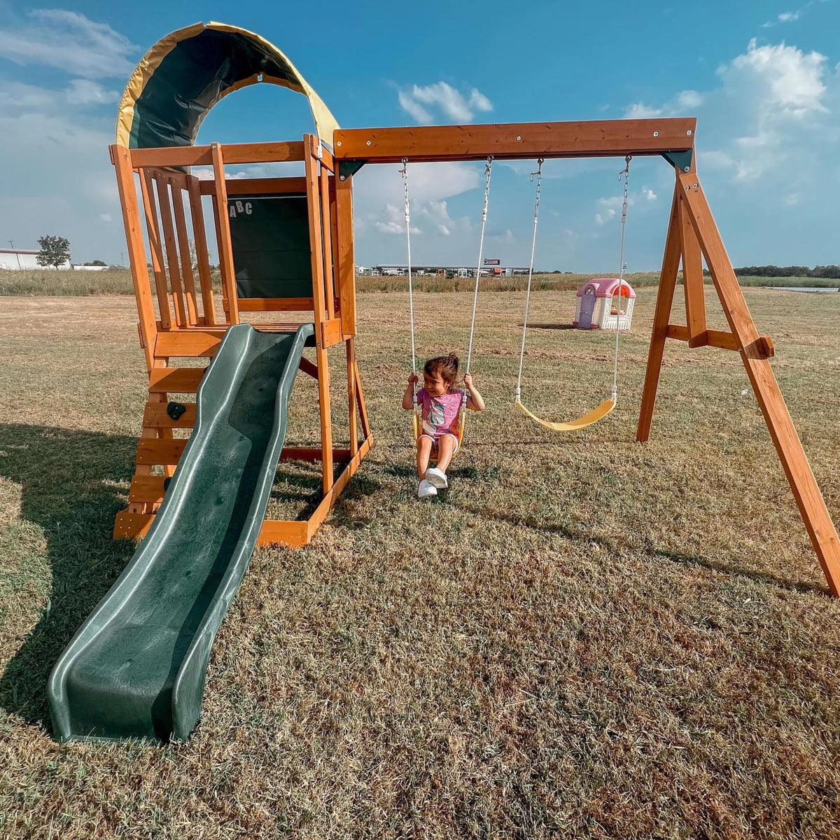 Wooden Outdoor Swing Set with Slide and Rock Wall W6342