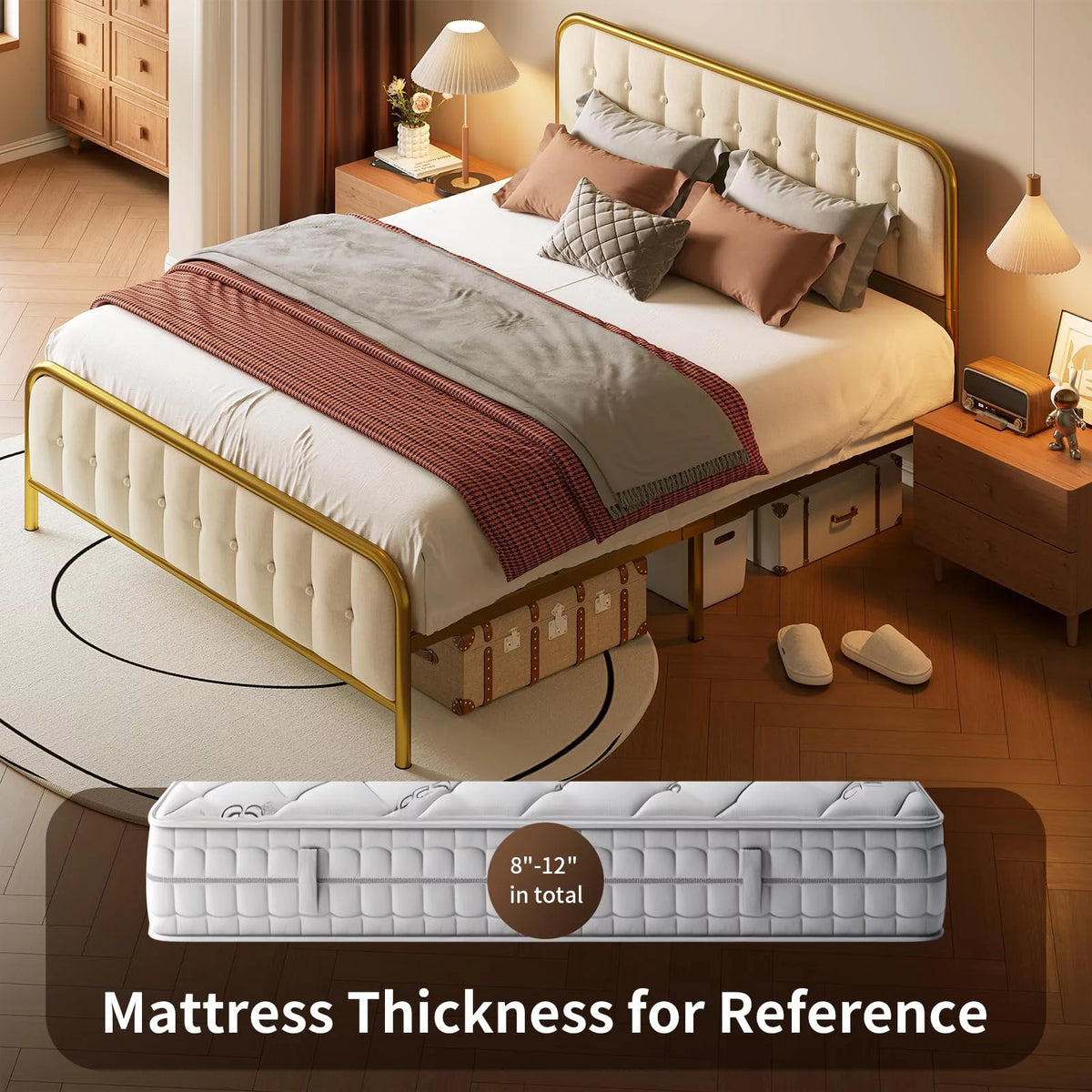 Beige Full Size Bed Frame with Headboard M6958