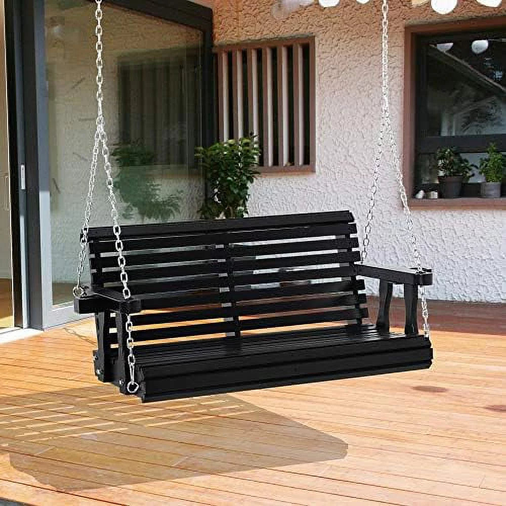 Black 2 Person Wooden Porch Swing with Chains and Cupholders K305