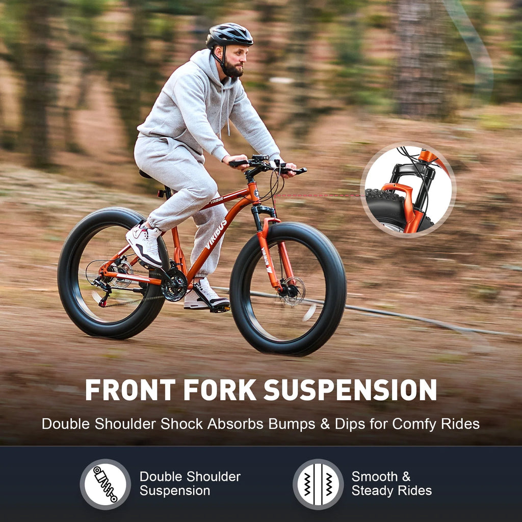 26 Fat Tire Mountain Bike with Front Suspension 21 Speeds Disc Brakes Orange C85200