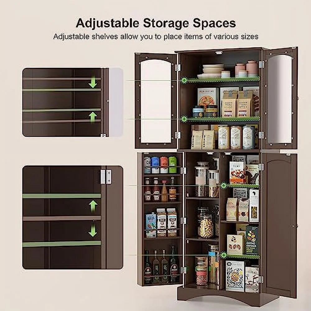 64" Kitchen Pantry Cabinet with Glass Doors and Adjustable Shelves L293
