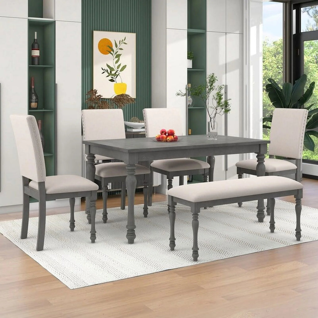 6 Piece Dining Table Set with Wooden Table 4 Upholstered Chairs and Bench U1716
