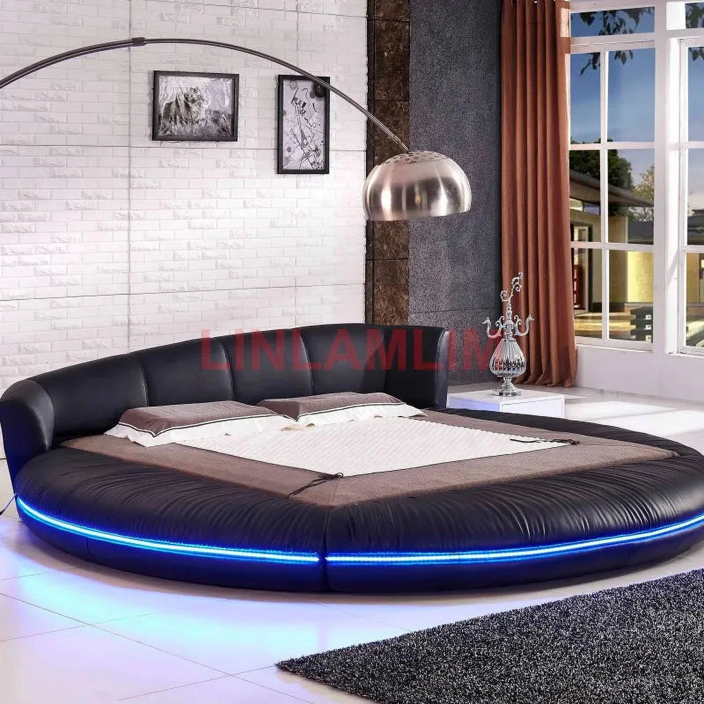 LED Light Round Bed Frame Genuine Leather Bed S815347