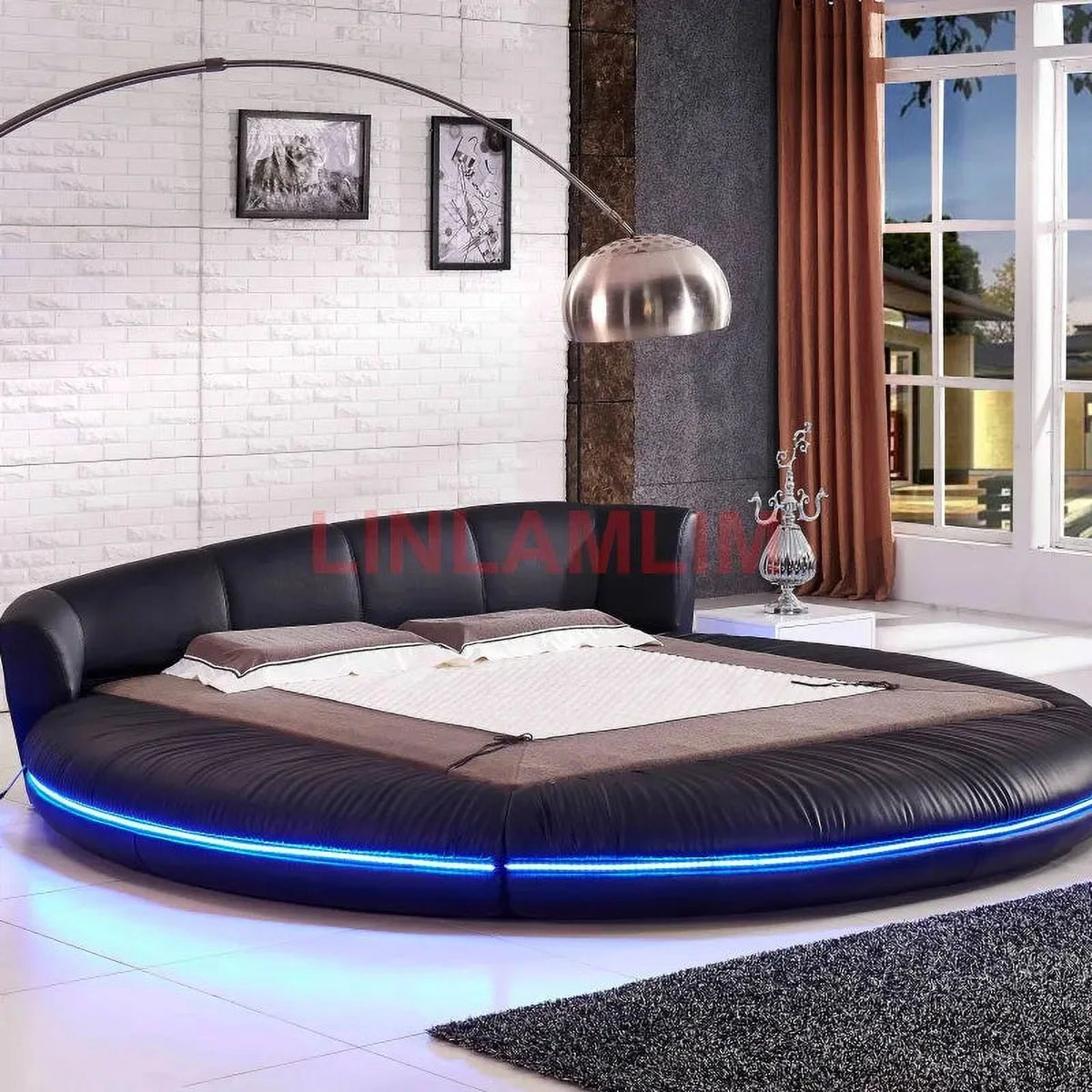LED Light Round Bed Frame Genuine Leather Bed S815347