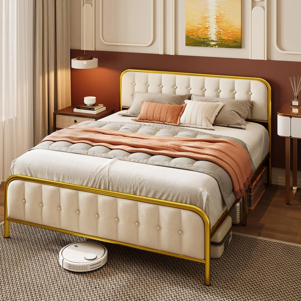 Beige Full Size Bed Frame with Headboard M6958