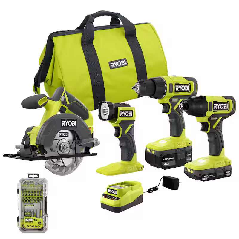 18V Cordless 4-Tool Combo Kit with Battery, Charger, and 70-Piece Impact Driving Set G654040