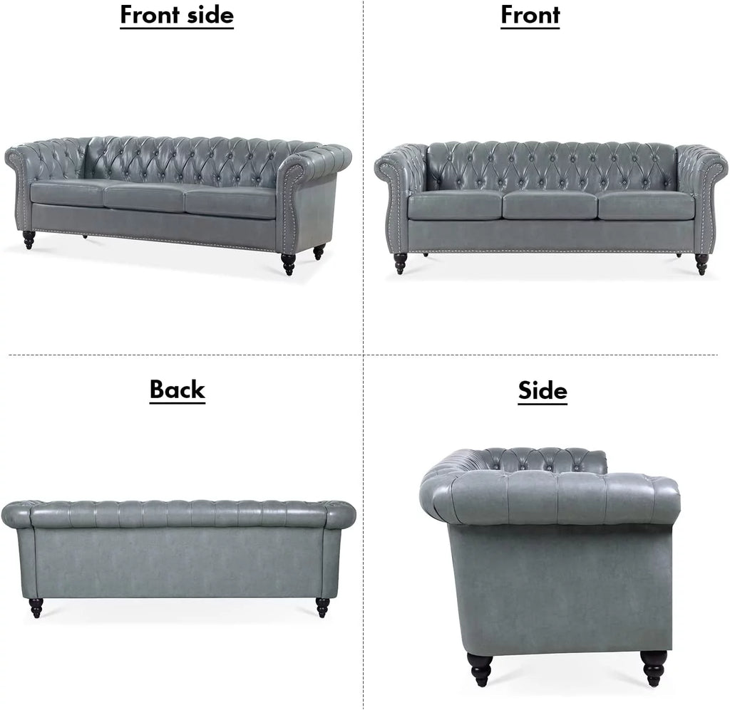 84" Gray Leather Chesterfield 3-Seater Sofa G554903