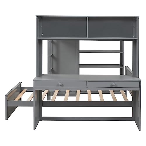 Twin Size Loft Bed with Built-in Desk & Wardrobes, Wood Bedframe with 4 Drawers & 4 Shelves, Gray A47920