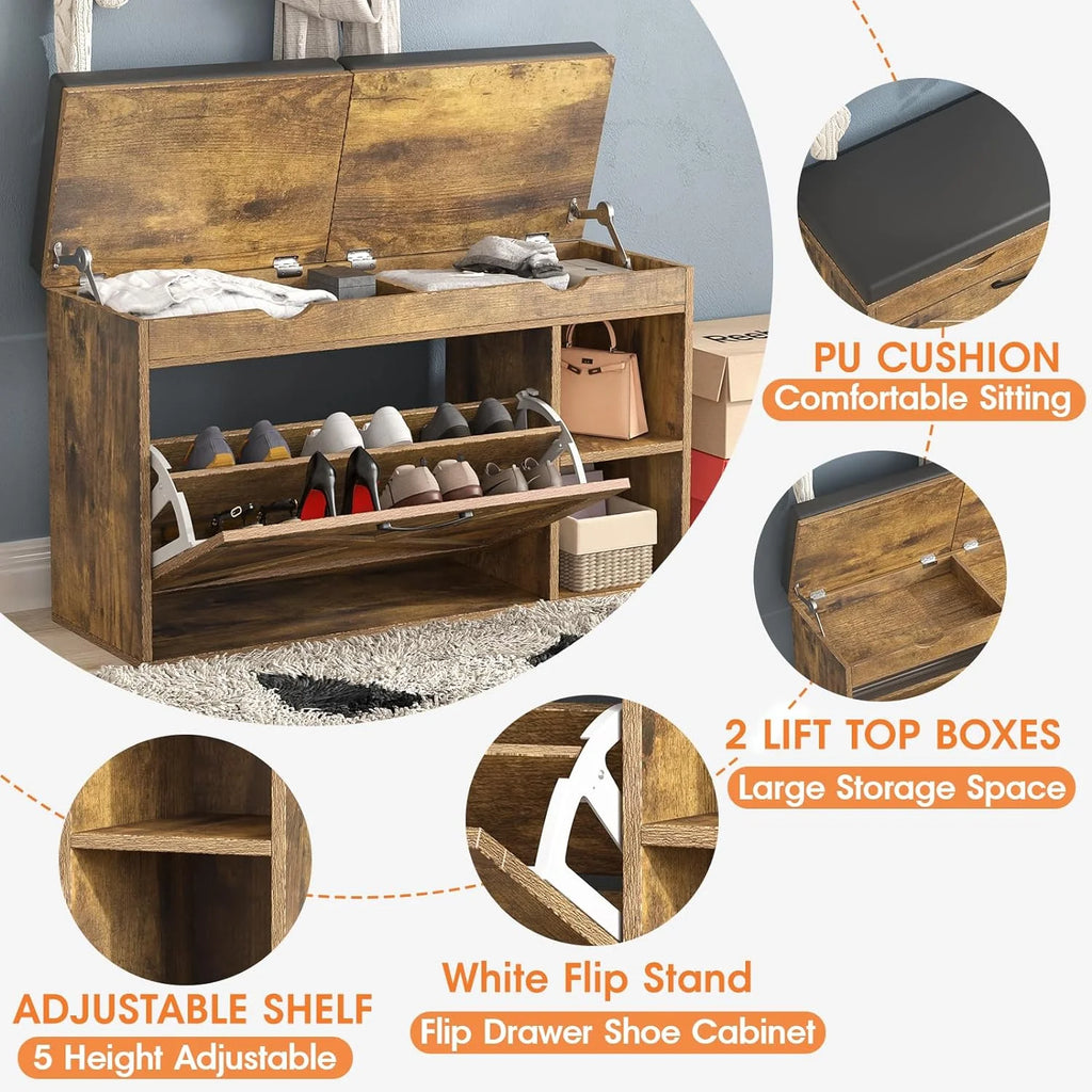 Rustic Brown Shoe Storage Bench with Flip Drawer O915640