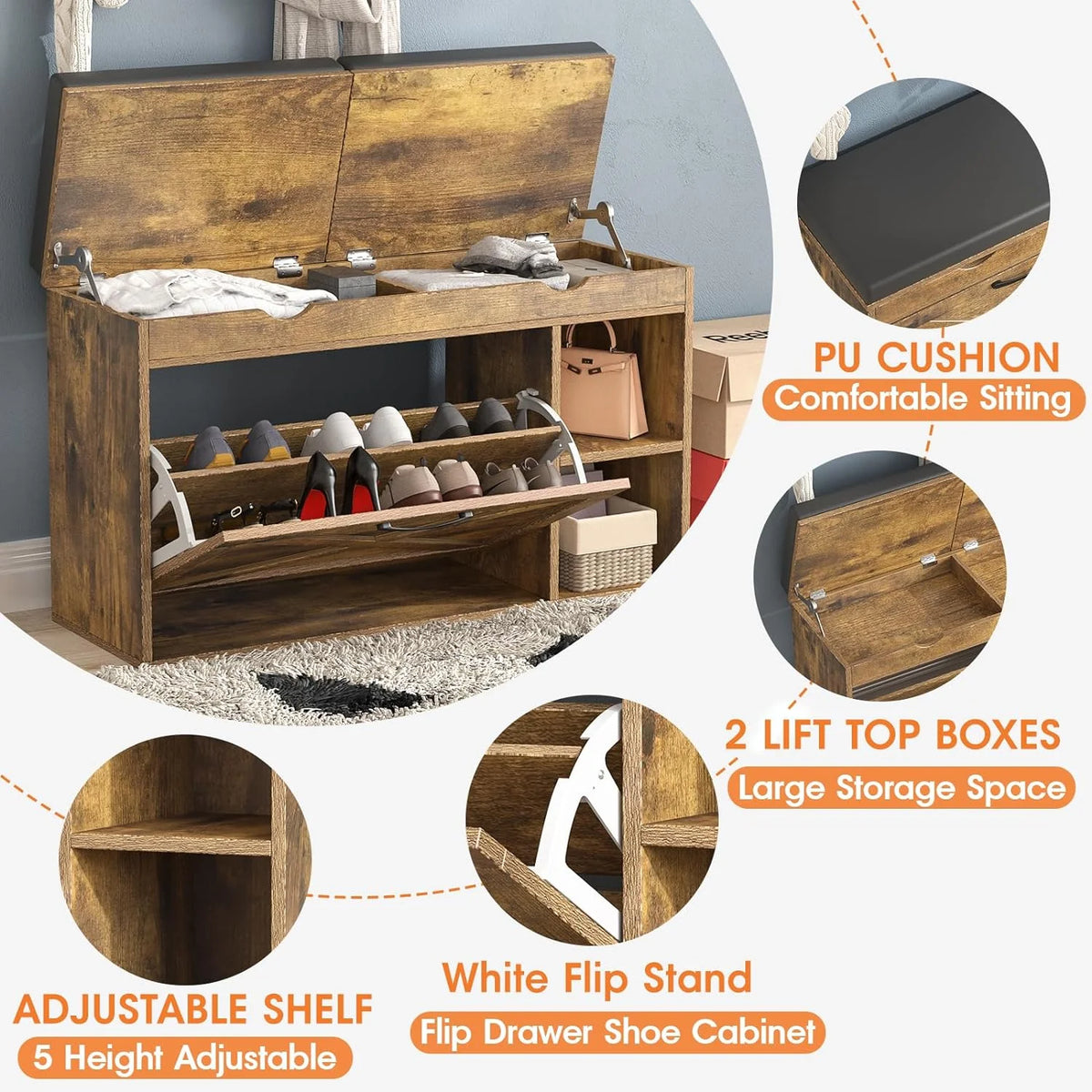 Rustic Brown Shoe Storage Bench with Flip Drawer O915640